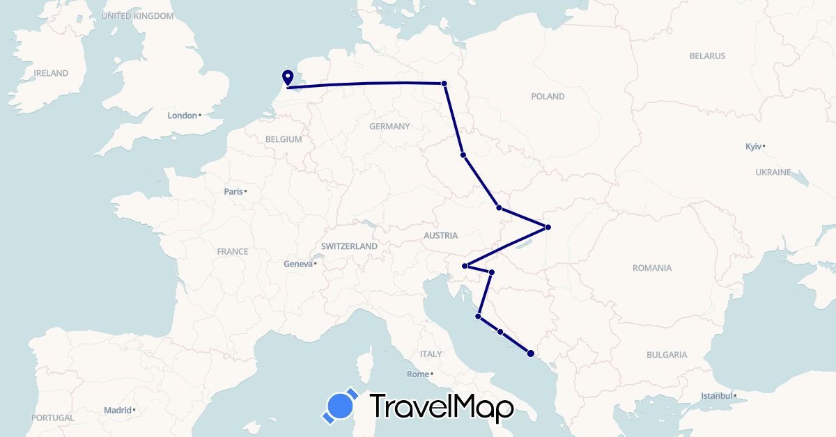 TravelMap itinerary: driving in Austria, Czech Republic, Germany, Croatia, Hungary, Netherlands, Slovenia (Europe)
